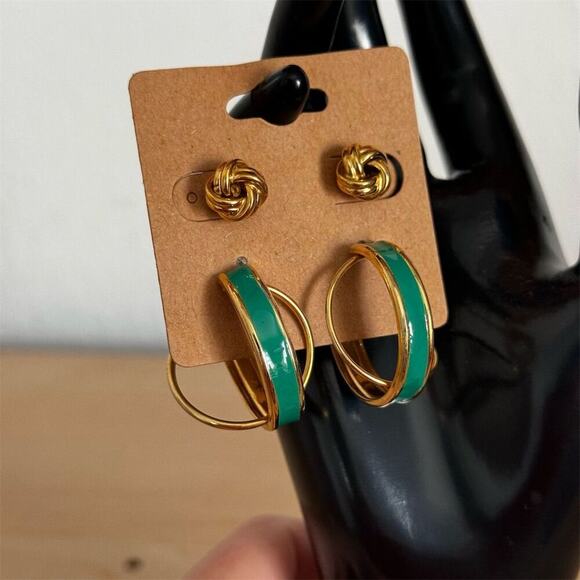 Vintage Gold & Green Hoop Knot Stud Earring Set of 2 Elegant Jewelry - Picture 6 of 7